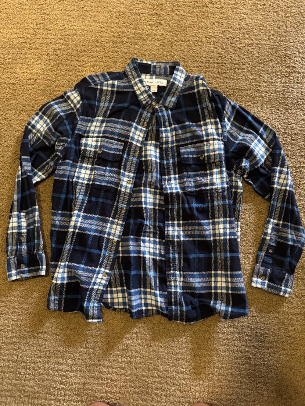 Old Navy White, Black, and Blue Flannel Long Sleeve T-Shirt